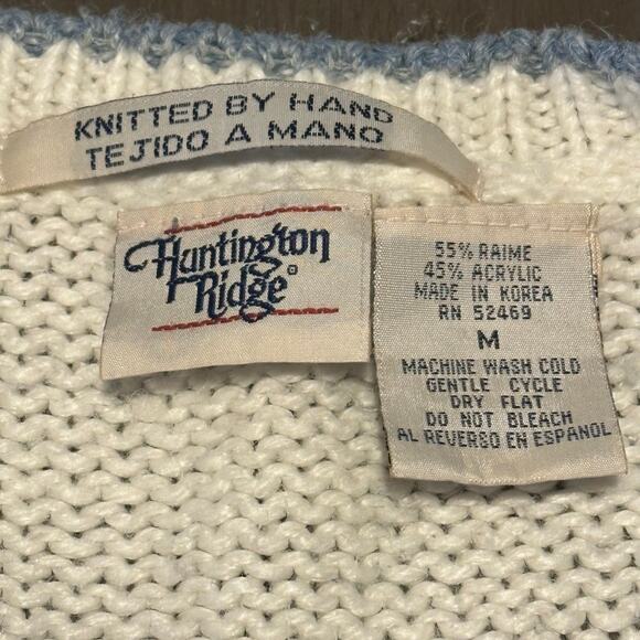 Vintage Huntington Ridge Blue & Cream Heart Hand Knitted Sweater Size M - Picture 2 of 7